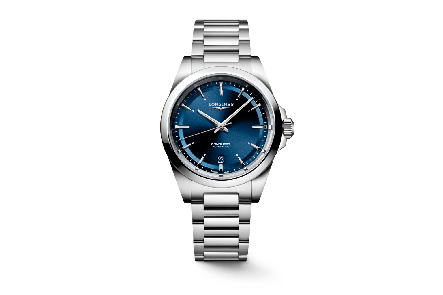 Longines Conquest Automatic reference L3.720.4.92.6 with blue sunray dial, stainless steel case, and stainless steel bracelet, shown face-on